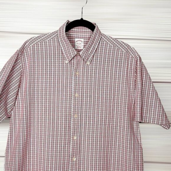 Brooks Brothers Structured Cotton Shirt Button Up White Red Plaid Short Sleeve L - Picture 5 of 10